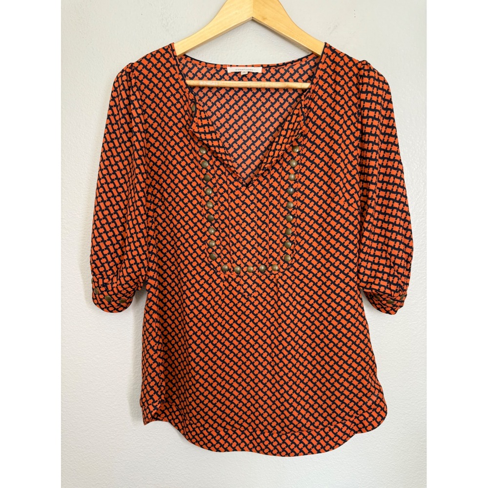 41 Hawthorn Women's M Blouse Orange Black Geometric Brass Studs‎ 3/4 Sleeve Top